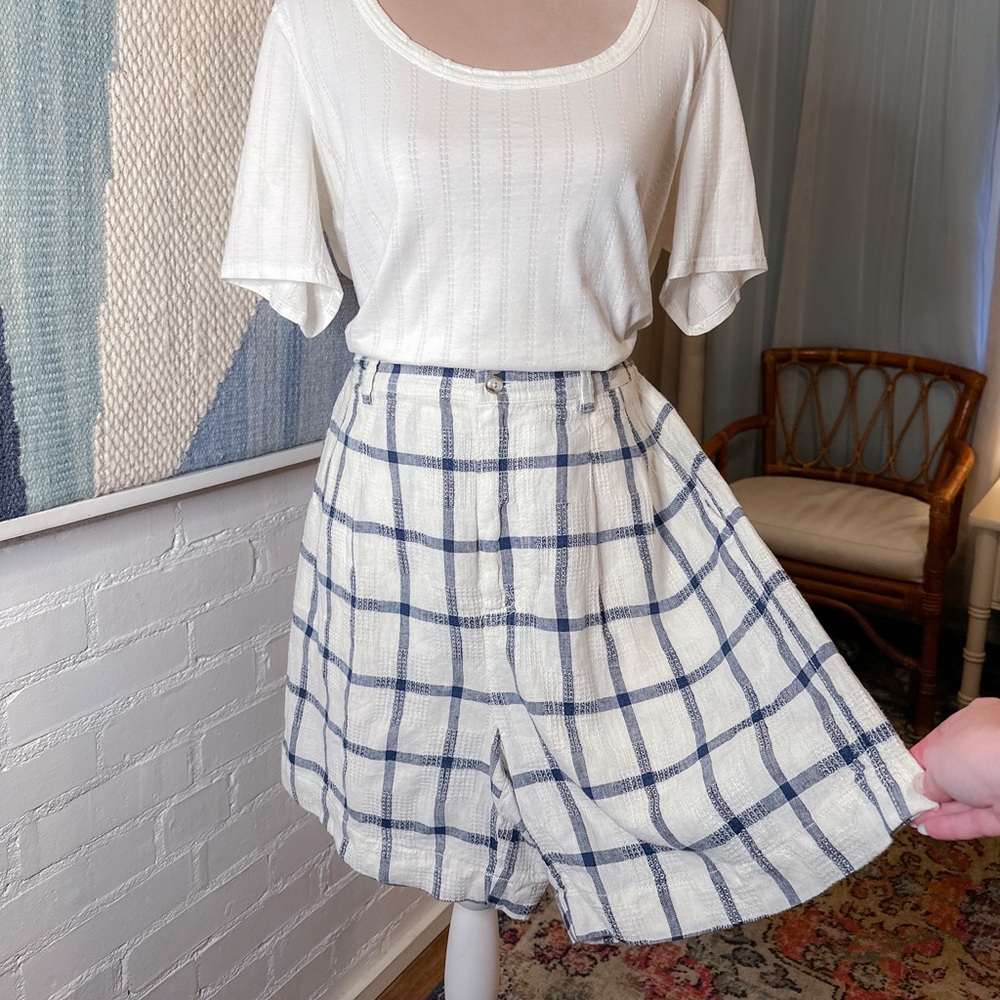NWT Madewell White & Blue Plaid Linen/Cotton Wide Leg Bermuda Shorts
